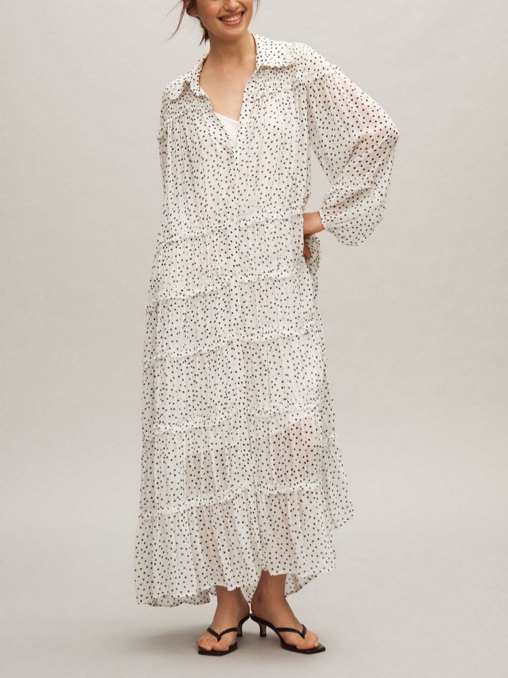 Anthropologie White Maxi Dress with Black Polka Dots